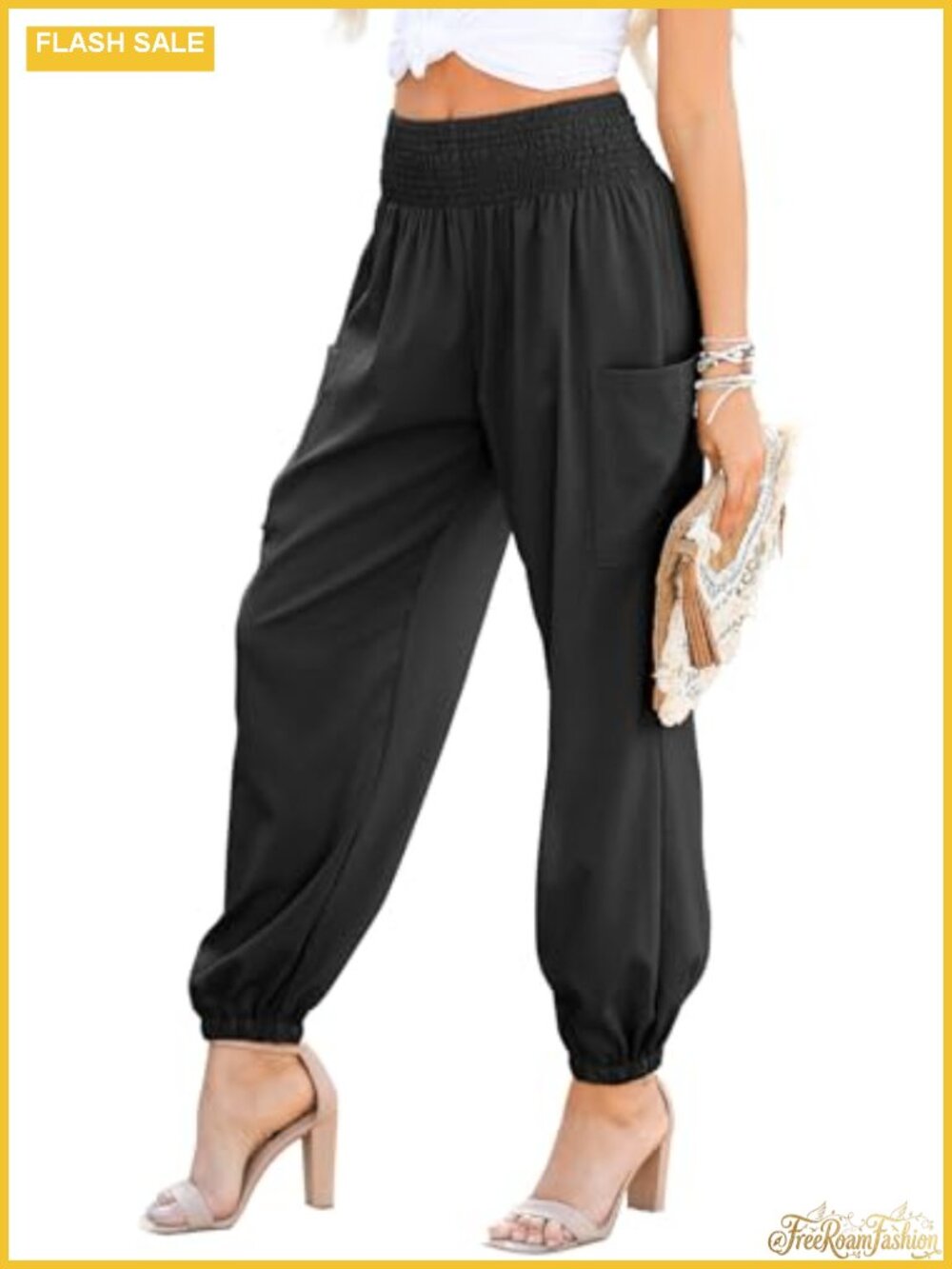 High Waisted Smocked Pants with Side Pockets Boho Trousers